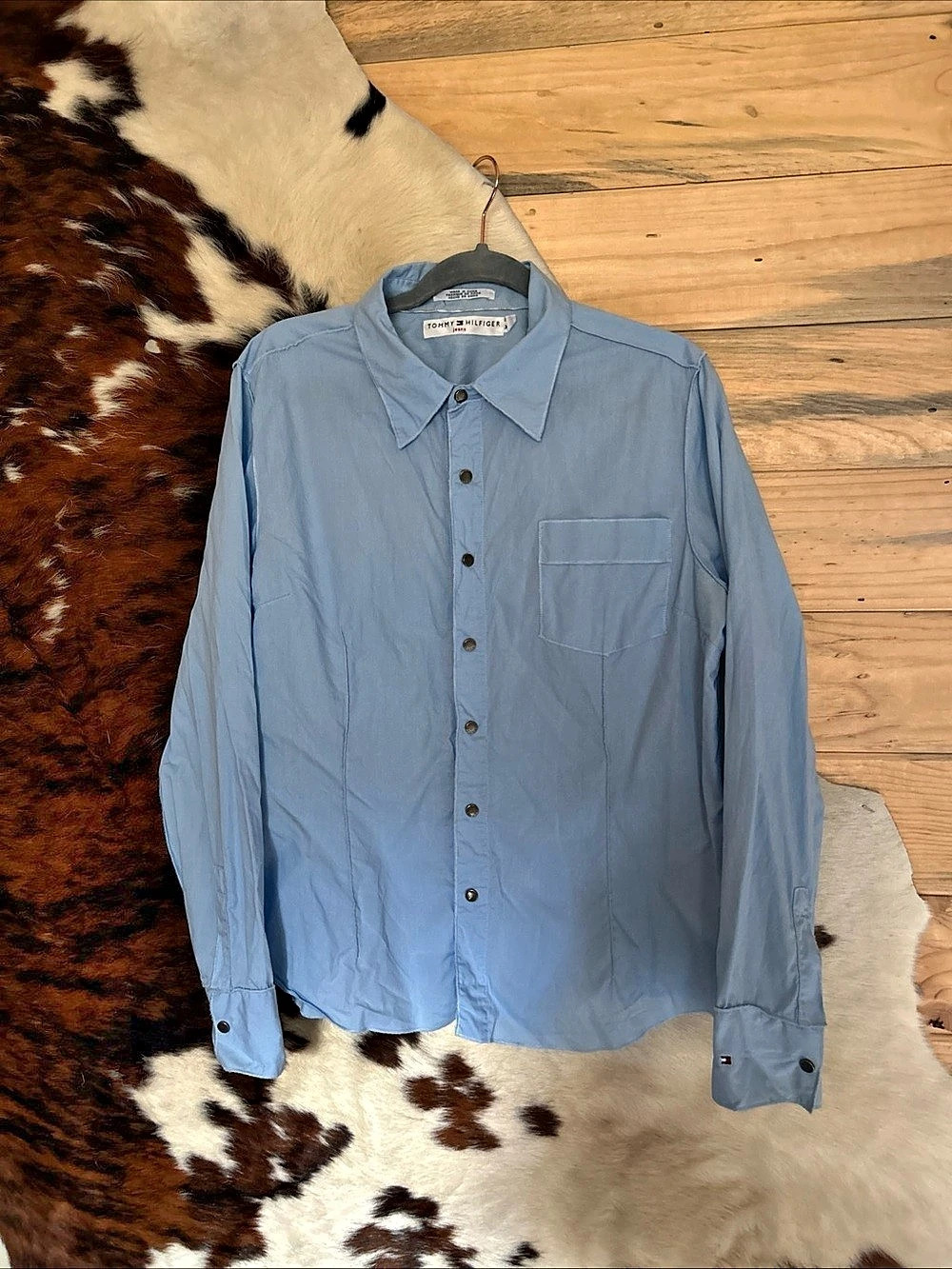 Tommy Hilfiger Womens Long Sleeve Snap Front Western Pocket Blue XL Cotton